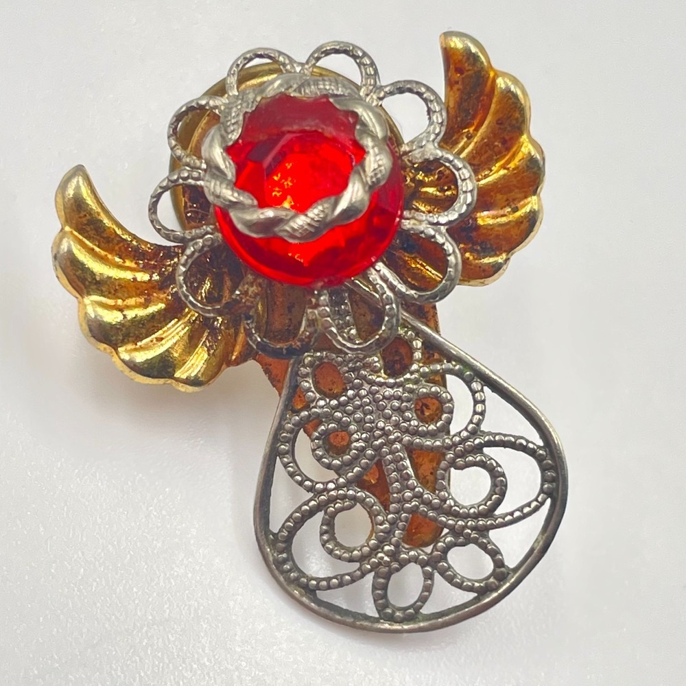 Vintage 2002 Mixed Metal Angel Lapel Pin Red Rhinestone Winged Brooch Signed SE